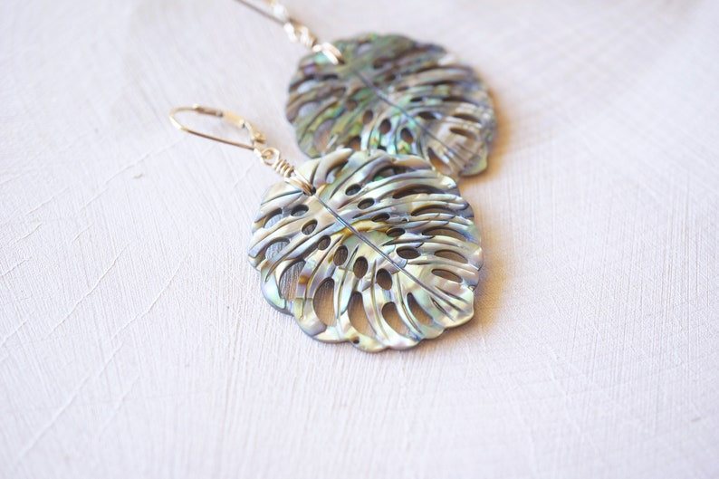 Abalone Monstera Leaf, Gold Filled Earrings, Carved Shell, Abalone Earrings, Blue Green, Gold Shell Earrings, Beach Wedding, Natural Shell image 2