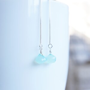 Silver, Aquamarine Chalcedony Drop Threader Earrings image 9