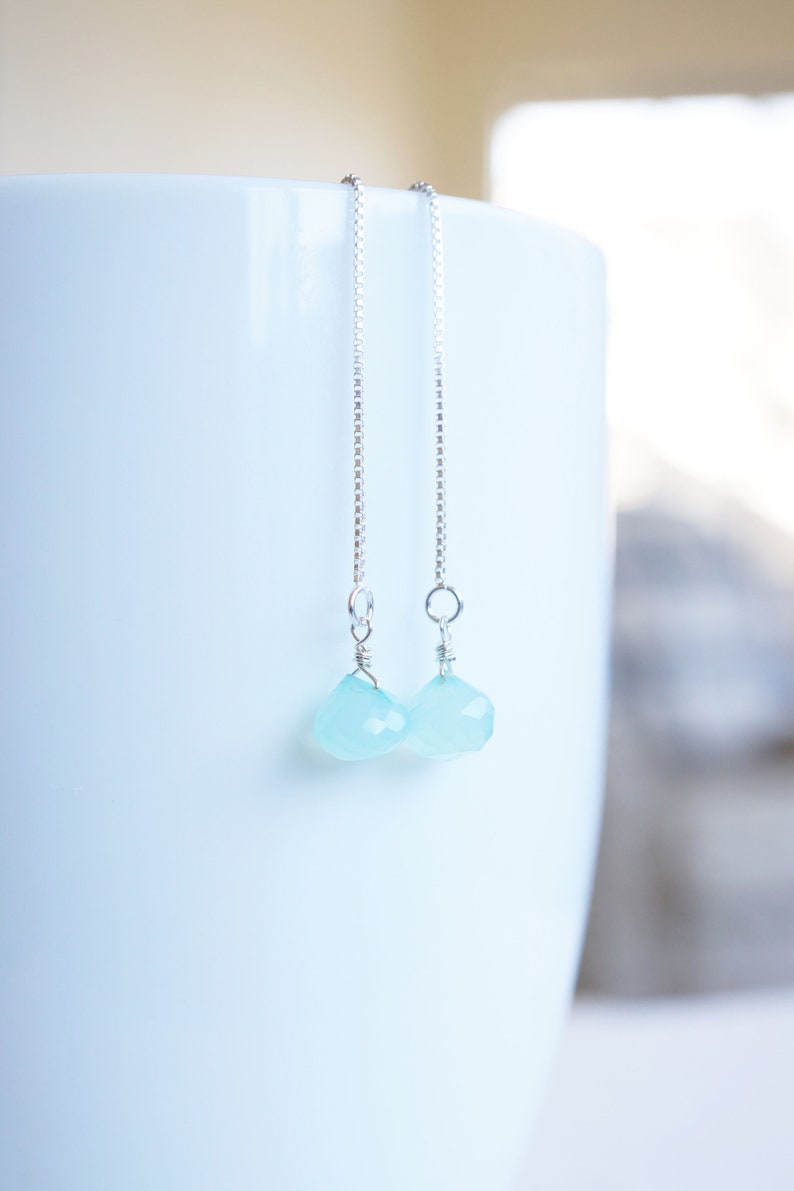 Silver, Aquamarine Chalcedony Drop Threader Earrings image 9