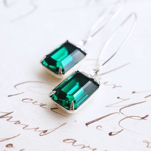 Long Silver, Emerald Swarovski Crystal Earrings zdjęcie 5