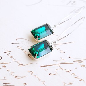 Long Silver, Emerald Swarovski Crystal Earrings zdjęcie 6