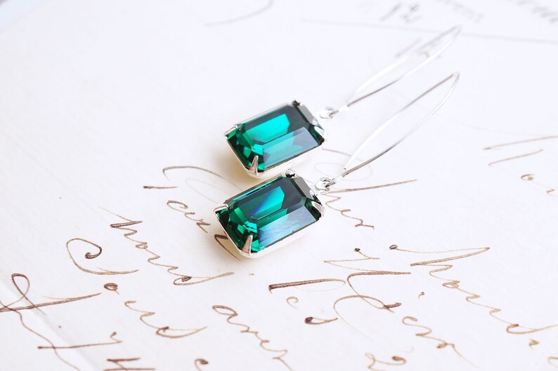 Long Silver, Emerald Swarovski Crystal Earrings zdjęcie 6