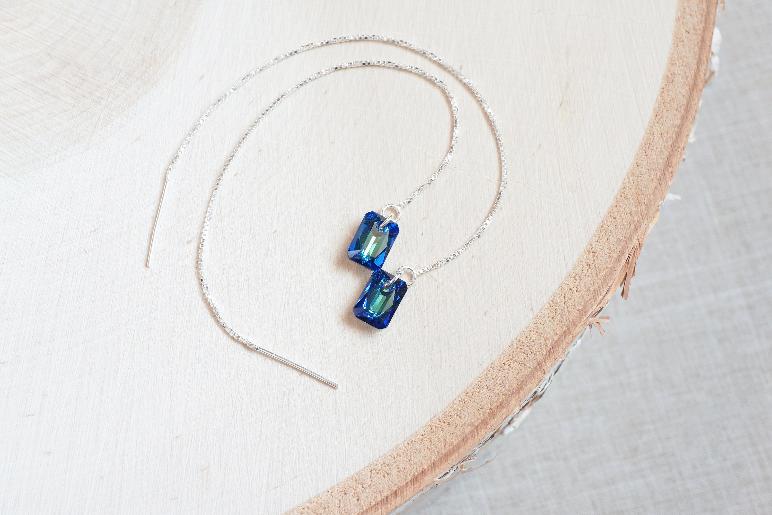 Emerald Cut Crystal Threader Earrings | Sterling Silver, Bermuda Blue ...