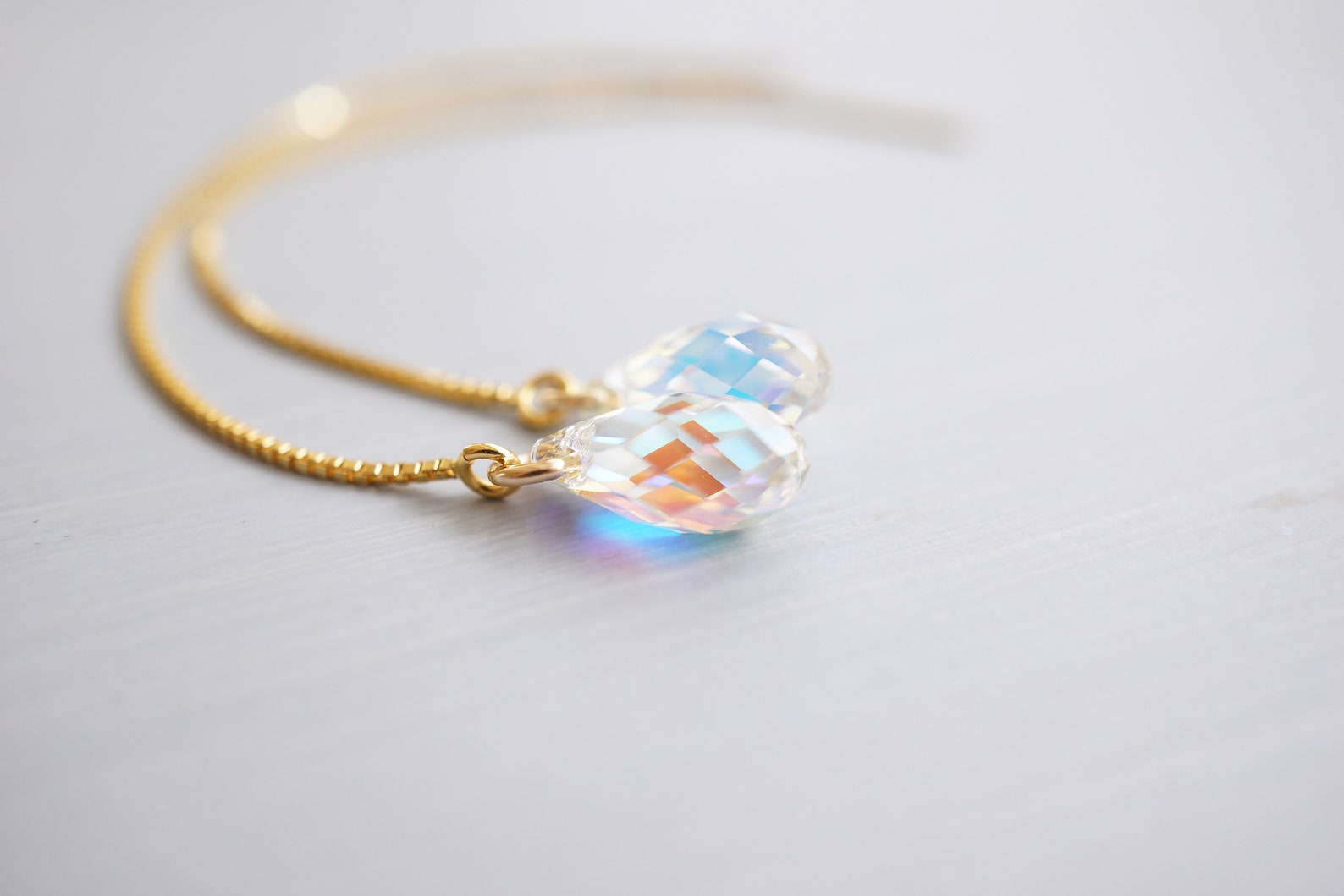 Rainbow Crystal Teardrop Threader Earrings | Austrian Crystal | Gold ...