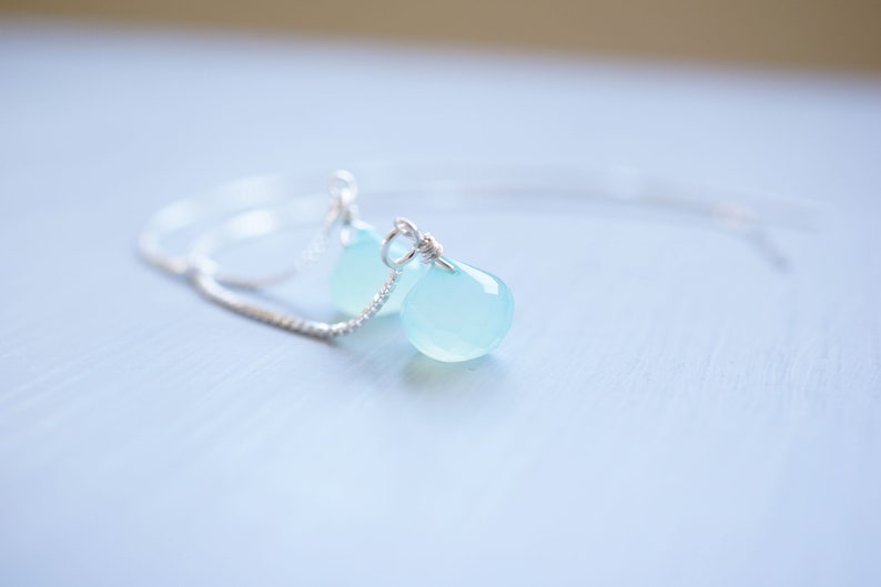 Silver, Aquamarine Chalcedony Drop Threader Earrings image 1