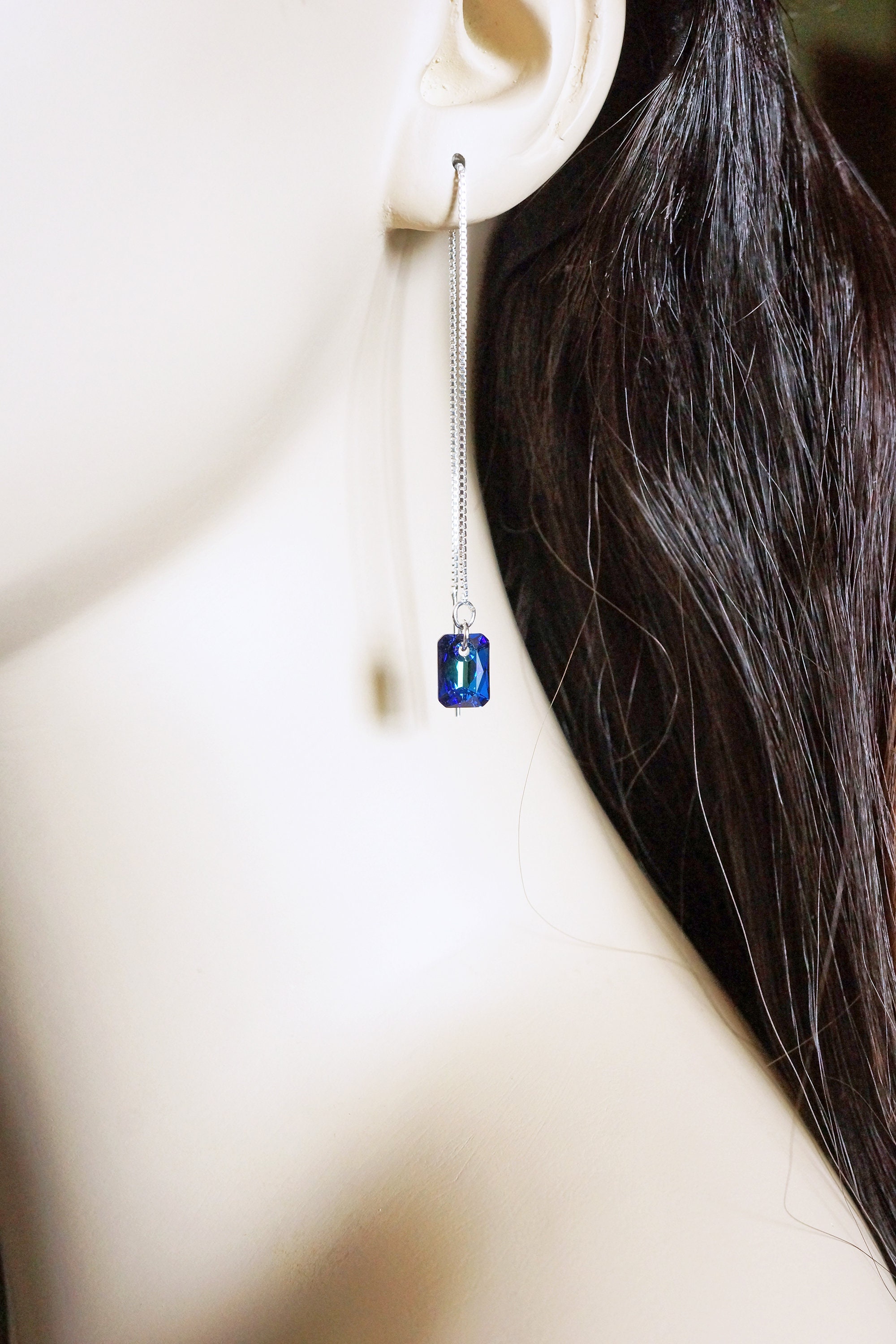 Emerald Cut Crystal Threader Earrings | Sterling Silver, Bermuda Blue ...