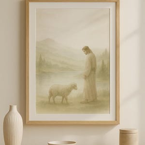 Jesus and the Lost Sheep | Christian Digital Print | He Leaves the 99 | Watercolor Wall Art | Minimalist Scripture Art | Instant Download