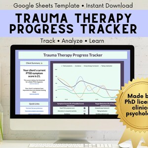 Pode incluir: Um monitor de computador exibe um "Trauma Therapy Progress Tracker" com gráficos e análise de dados. A tela mostra a pontuação dos sintomas de TEPT de um cliente e links rápidos. A imagem inclui o texto "Made by a PhD licensed clinical psychologist."