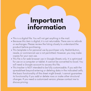 May include: A digital file with important information, presented on a light purple background with an orange border. The text includes details about the file's digital nature, usage restrictions, and Google Sheets compatibility.