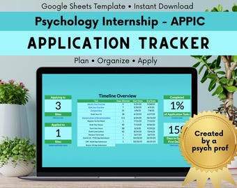 May include: A laptop screen displays a psychology internship application tracker. The screen shows a timeline overview with tasks, dates, and completion percentages. The text on the screen reads "Psychology Internship - APPIC APPLICATION TRACKER". The image also includes plants in white pots.