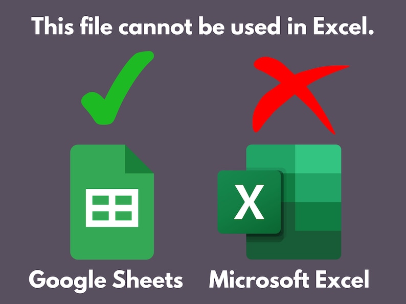 Pode incluir: Imagem com o texto "Este arquivo n&atilde;o pode ser usado no Excel". Uma marca de sele&ccedil;&atilde;o verde e um &iacute;cone verde do Google Sheets &agrave; esquerda. Um X vermelho e um &iacute;cone do Microsoft Excel &agrave; direita. O fundo &eacute; roxo escuro.