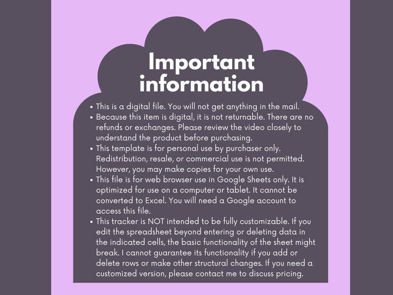 Pode incluir: Um arquivo digital com informa&ccedil;&otilde;es importantes, apresentado em um fundo roxo. O texto branco detalha a natureza digital do arquivo, as restri&ccedil;&otilde;es de uso e a compatibilidade com o Google Sheets.