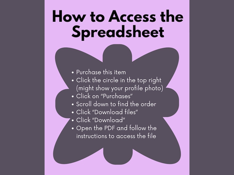 Pode incluir: Gr&aacute;fico lil&aacute;s com o texto "How to Access the Spreadsheet". Um design em forma de borboleta cinza escuro cont&eacute;m instru&ccedil;&otilde;es sobre como acessar um arquivo ap&oacute;s a compra, em forma de marcadores.