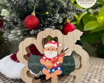 Hawaiian Santa in Hibiscus Wood Décor | Mele Kalikimaka Island Christmas Decoration