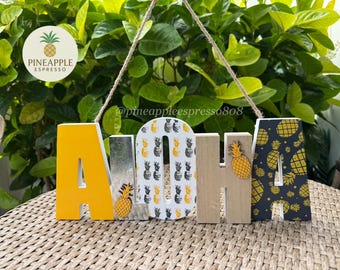 ALOHA Pineapple Wooden Sign | Painted Wall Decor | Tropical Hawaii-Inspired Hanging Sign