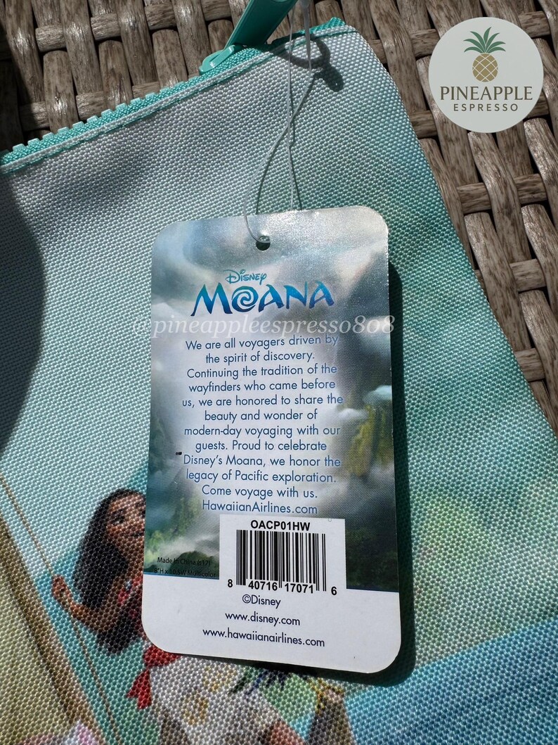 Puede incluir: Una bolsa con cremallera de color turquesa con un dise&ntilde;o de Disney Moana. La bolsa tiene una etiqueta con texto sobre la pel&iacute;cula y un c&oacute;digo de barras. El fondo es una textura tejida. La bolsa es probablemente de tela.
