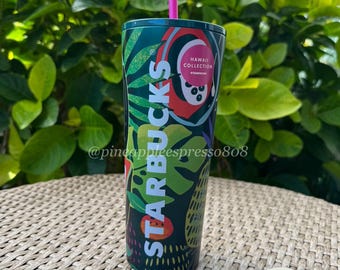 Vaso de la colección Hawaii / Vaso tropical de acero inoxidable de 24 oz con pajita rosa