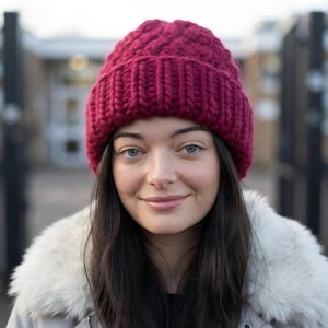 Chunky  Ruby Red  Premium Merino Wool Beanie | Luxury Hand Knitted Hat | Fold Over Brim | Après-Ski Hat | Handmade in Scotland