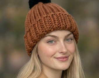 Luxury Merino Wool Chunky Knit Beanie, Bronze/Brown super warm Winter Hat, Soft Unisex Hat with Black pom-pom, Handmade in Scotland.