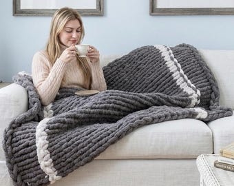 Blanket - hand knitted, unique chunky chenille cover/throw. Warm bedspread. Colour; Dark Grey, White & Light Grey. Available in four sizes.