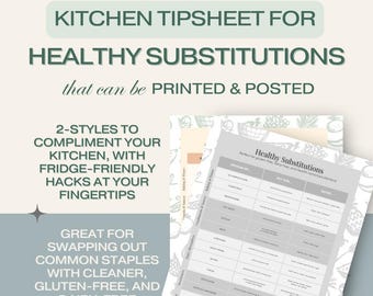 Healthy Substitutions Tipsheet | 2-Style PDF | Gluten-Free & Dairy-Free Ingredient Swaps | Clean Eating Printable