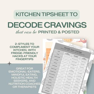 May include: A printable kitchen tipsheet with two different styles to help decode cravings. The tipsheet includes a chart with a list of cravings and possible reasons for them. The text on the tipsheet reads "Decode Your Cravings: What Your Body & Brain May Be Asking For".