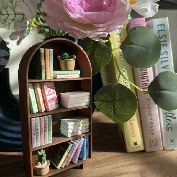 Tiny Arched Library Bookcase + 30 Mini Books