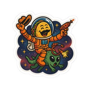 Pegatinas troqueladas de Tacos Espaciales: adorables extraterrestres, astronautas y decoración espacial. Pegatinas para portátiles, botellas de agua y regalos de fiesta.