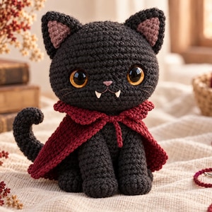 May include: A black crocheted cat plush toy featuring large amber eyes, small pink inner ears, and two white fangs. The cat wears a dark red crocheted cape with a tied collar around its neck. The toy has a curled tail and a textured yarn finish.