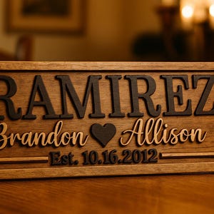 Personalized Family Name Sign with Heart | Custom Wood Wedding Gift | Rustic Anniversary Sign | Couple Name Plaque | Est. Date Home Decor