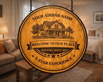 Anpassad Airbnb-välkomstskylt i trä | Personlig rund hängande träskylt | Skylt för semesterbostäder | Värdskapsskyltdekoration