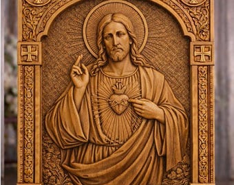Heiliges Herz von Jesus Holzschnitzerei - katholische Wandkunst, handgeschnitzte religiöse Tafel, Jesus Sacred Heart Jesus Hausaltardekor