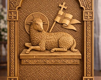 Lamb of God Agnus Dei Wood Carving Catholic Christian Wall Art Hand Carved Religious Panel for Home Altar Decoration