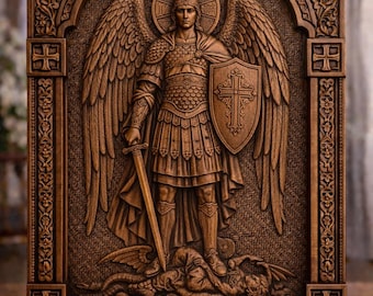 Saint Michael the Archangel Wood Carving – Defender of God’s People, Catholic Wall Art for Protection & Prayer
