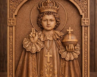 Kindje Jezus de koning – handgesneden pictogram houten reliëf, heilige christelijke muurkunst in massief hout – icoon Jezus kind christelijke heilige kunst cadeau