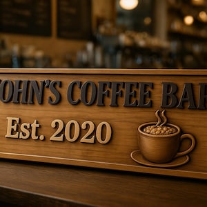 &quot;Personalisiertes Schild &quot;&quot;Kaffee&quot;&quot; | Benutzerdefinierte Holz Cafe Dekor | 3D geschnitztes Kaffeeschild für Küche oder Laden | Kundenspezifische Kaffeebar-Plakette