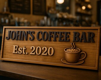 "Personalisiertes Schild ""Kaffee"" | Benutzerdefinierte Holz Cafe Dekor | 3D geschnitztes Kaffeeschild für Küche oder Laden | Kundenspezifische Kaffeebar-Plakette