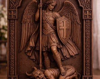 Saint Michael the Archangel Wood Carving – Defender of God’s People, Catholic Wall Art for Protection & Prayer