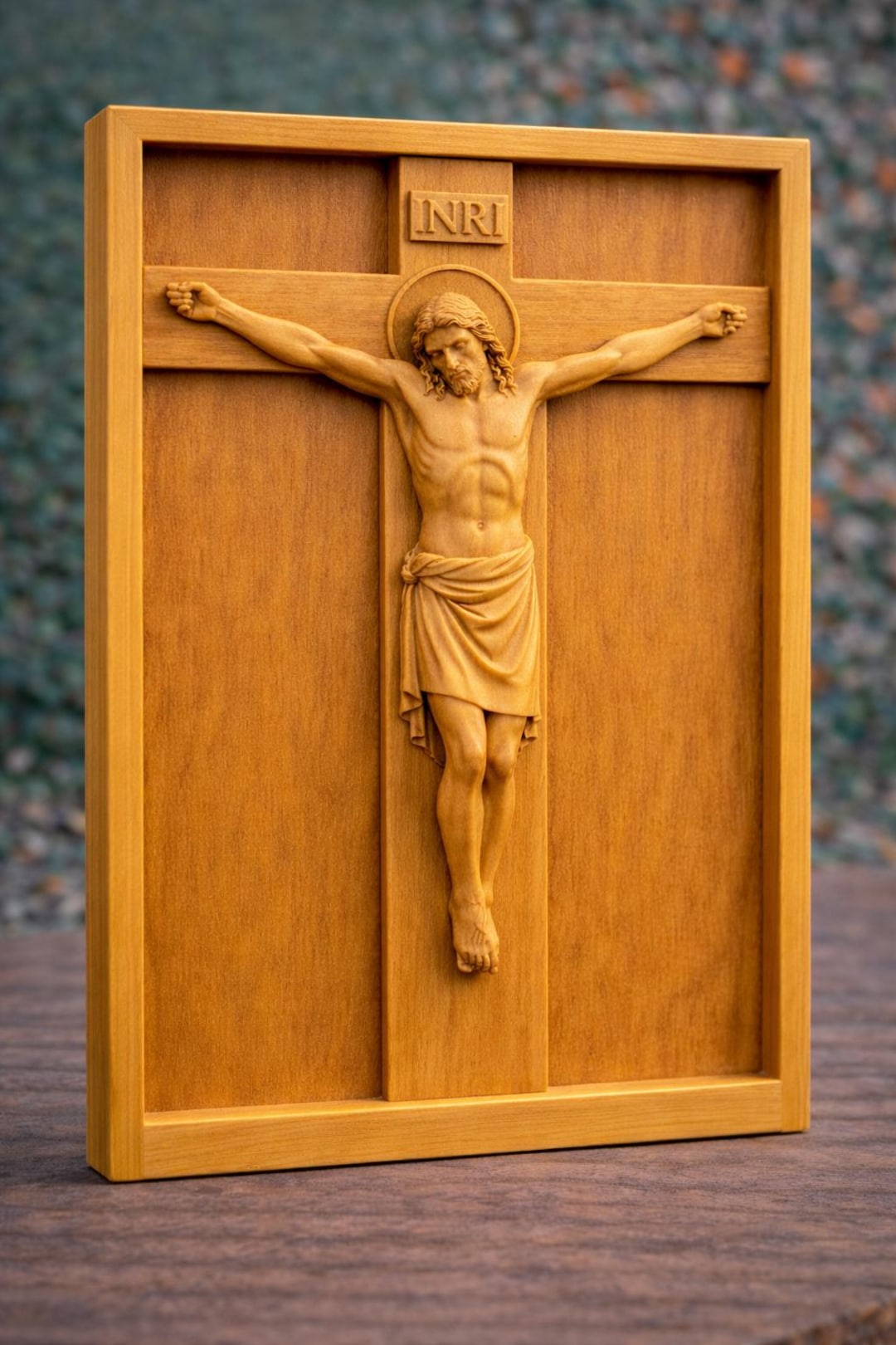Hand-carved Wooden Crucifix Wall Art | Jesus on the Cross INRI | Deep