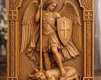 Saint Michael the Archangel Wood Carving – Catholic Wall Art, Hand Carved Religious Panel, St Michael Home Altar Decor