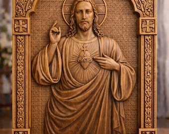 Heiliges Herz von Jesus Holzschnitzerei - katholische Wandkunst, handgeschnitzte religiöse Tafel, Jesus Sacred Heart Jesus Hausaltardekor