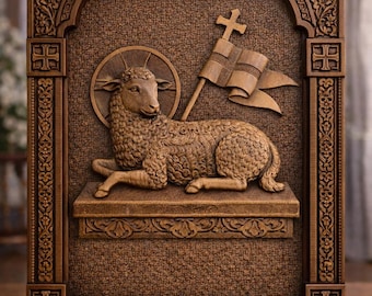 Agnus Dei Lamb of God Wood Panel – Orthodox Christian Wall Art, Deep Carved Religious Icon Plaque Christian Religious Carving, Faith Home