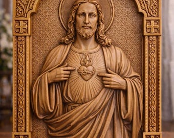 Heiliges Herz von Jesus Holzschnitzerei - katholische Wandkunst, handgeschnitzte religiöse Tafel, Jesus Sacred Heart Jesus Hausaltardekor
