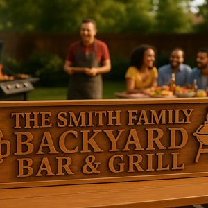 Personalized Carved Wood BBQ Patio Sign | Backyard Bar & Grill Sign  | Father&#39;s Day Gift | Custom Backyard Bar Grill Sign | Custom BBQ Patio