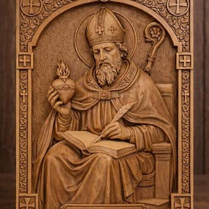 St. Augustine Wooden Wall Art – Hand-Carved Catholic Saint Relief Icon, Christian Sacred Art in Solid Wood, Christian Educator Theologian