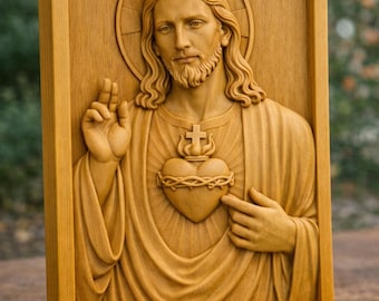 Heiliges Herz von Jesus Holzschnitzerei - katholische Wandkunst, handgeschnitzte religiöse Tafel, Jesus Sacred Heart Jesus Hausaltardekor