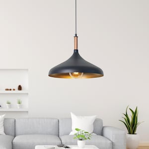 Modern Black & Gold Pendant Light with Wood Accent - Mid-Century Industrial Hanging Lamp for Home