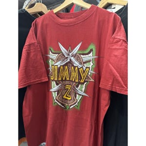 Vintage 90s JIMMY&#39;Z Surf Skate Big Logo Red Promo T Shirt Size Large Jimmyz