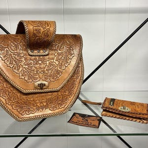 Bolso de mano grande de cuero repujado con pespuntes, estilo vintage de los años 40, con billetera