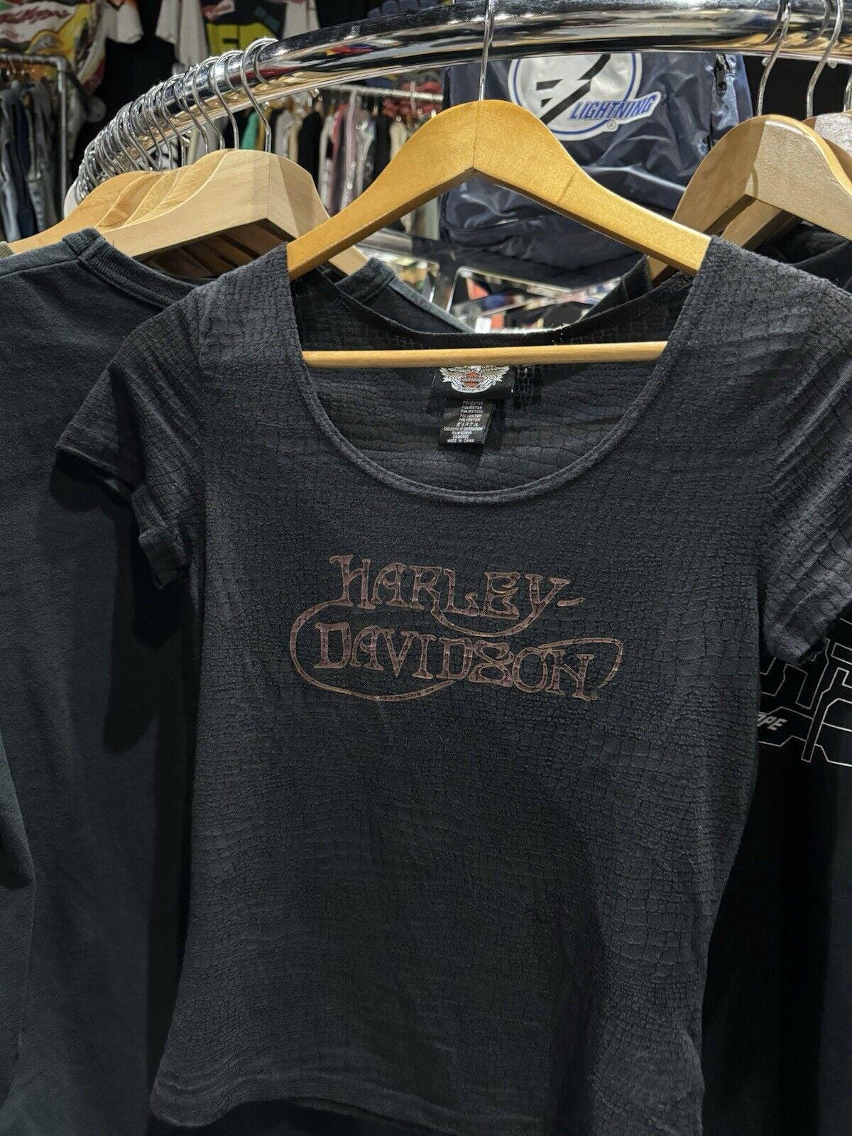 Vintage Y2K Harley Davidson Black Semi Sheer Script Logo Baby Tee Size XS
